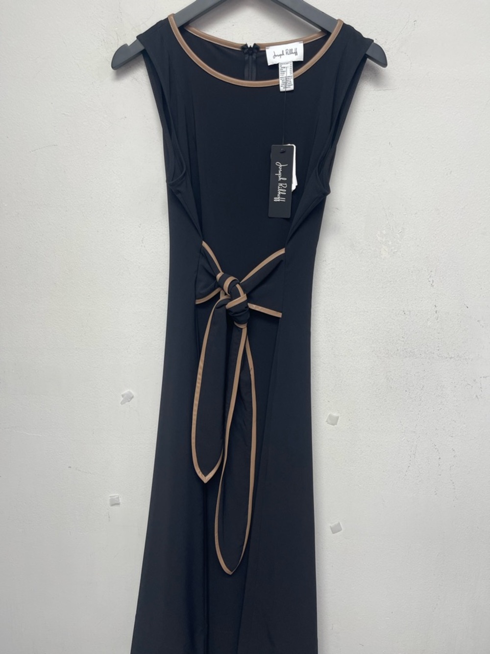 Joseph Ribkoff Black Maxi Dress with Tan Trim and Tie Size 10